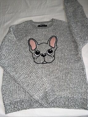Women’s Gray Crewneck Sweater with French Bulldog Motif